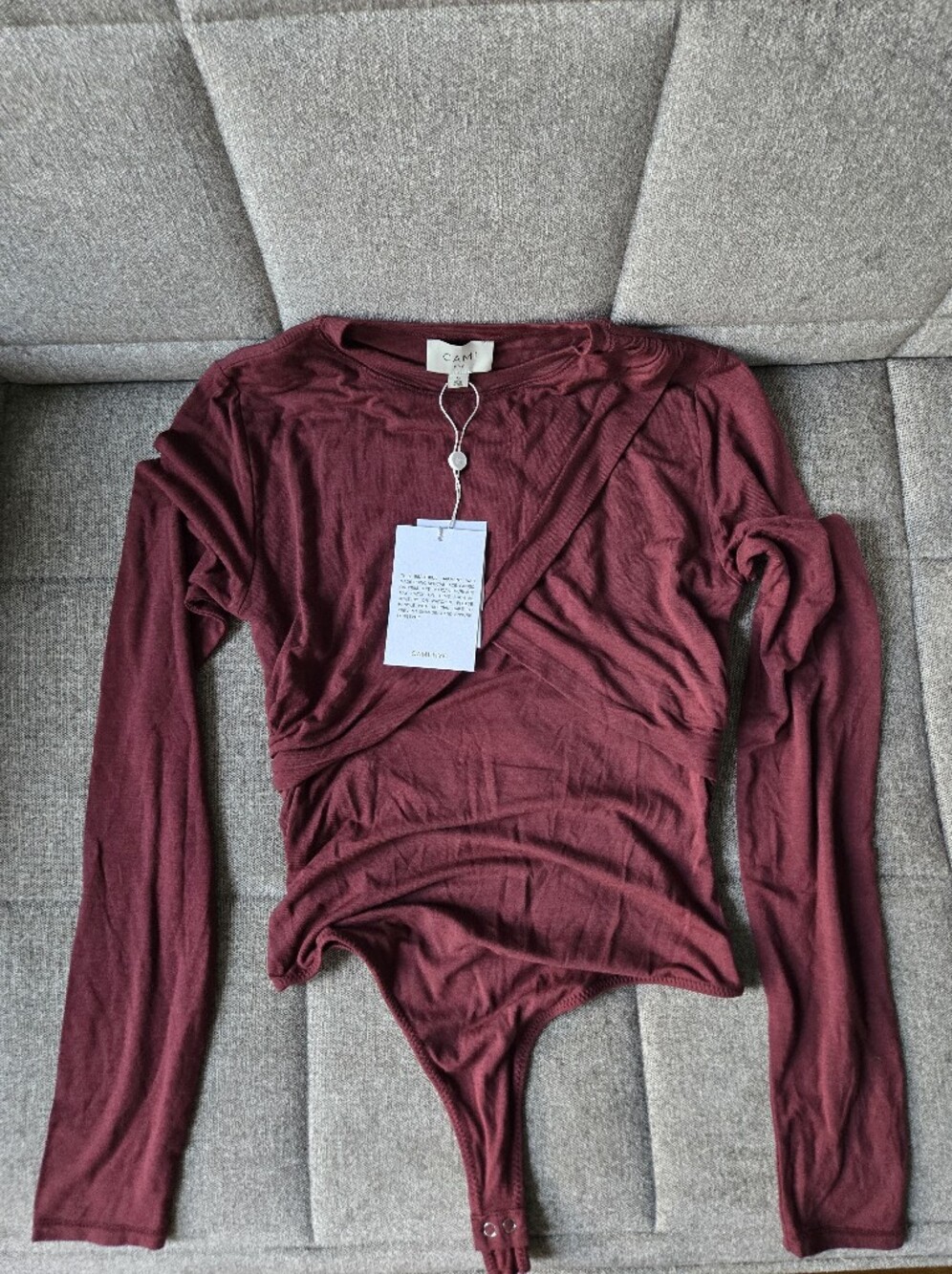 Cami NYC | Mirabel Long Sleeve Twist Front Bodysuit In Cranberry Size S